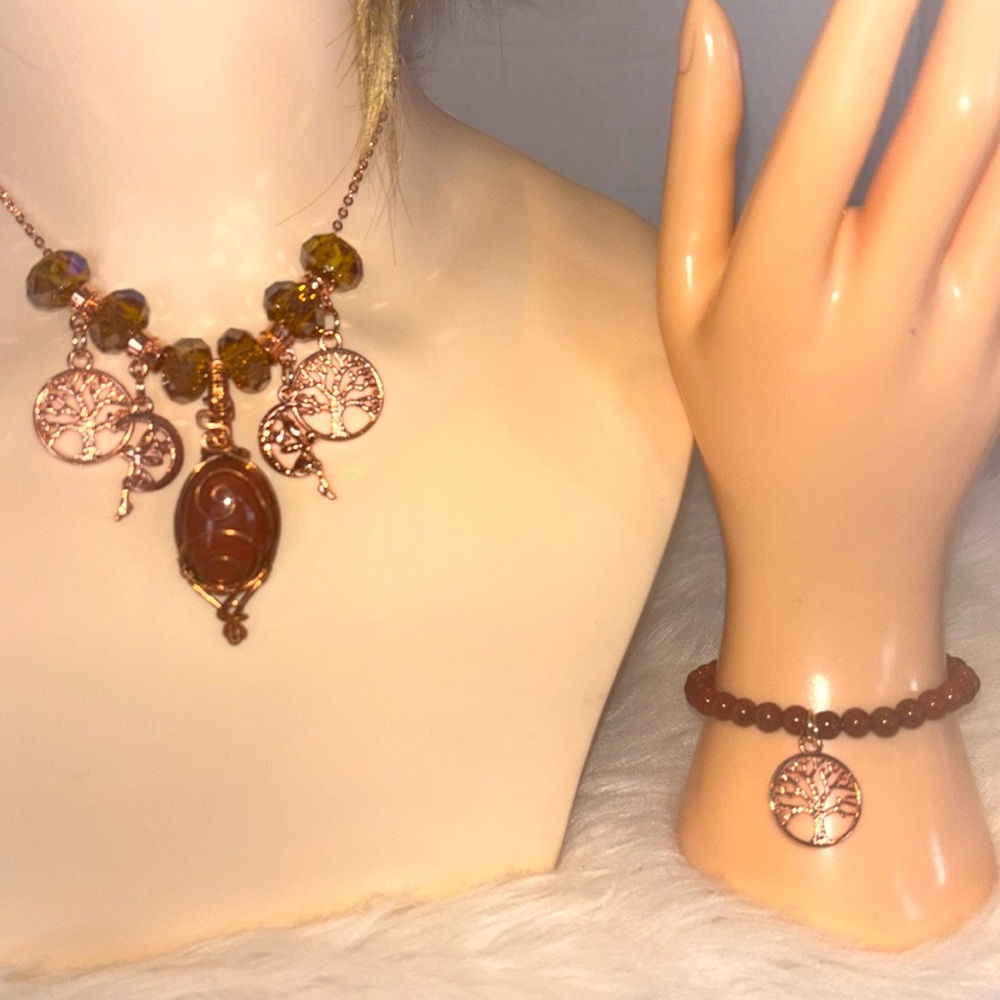 Red Jasper Hand Wrapped Medallion Charm Necklace and Bracelet